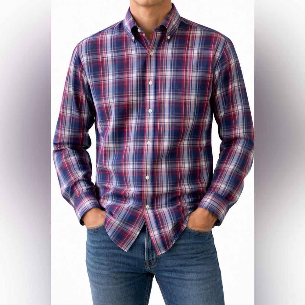 Peter Millar Button Down Plaid 100% Cotton Dress Shirt in Blue & Pink Size Large